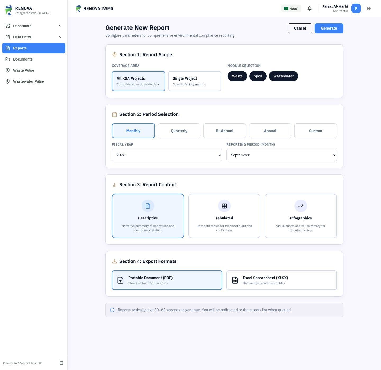 Compliance report builder with project, period, sections and output format controls